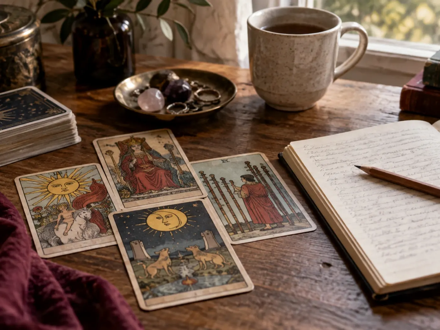 Mazo de tarot extendido sobre una mesa de madera oscura en una lectura personal