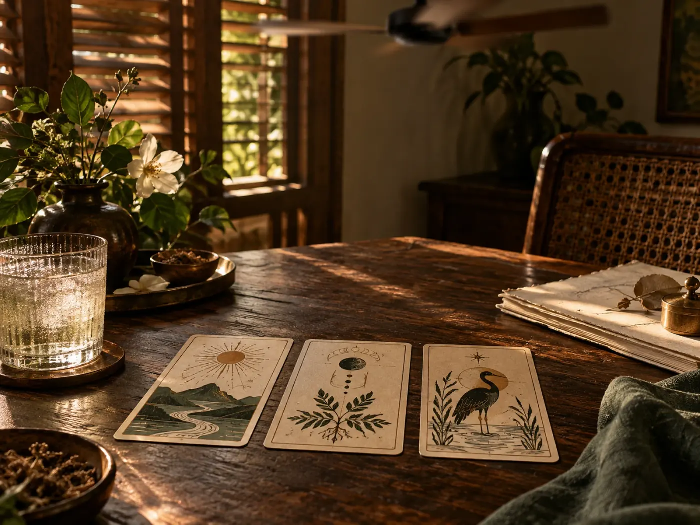Composición editorial para la consulta online desde la Costa Caribe, con cartas y luz cálida filtrada