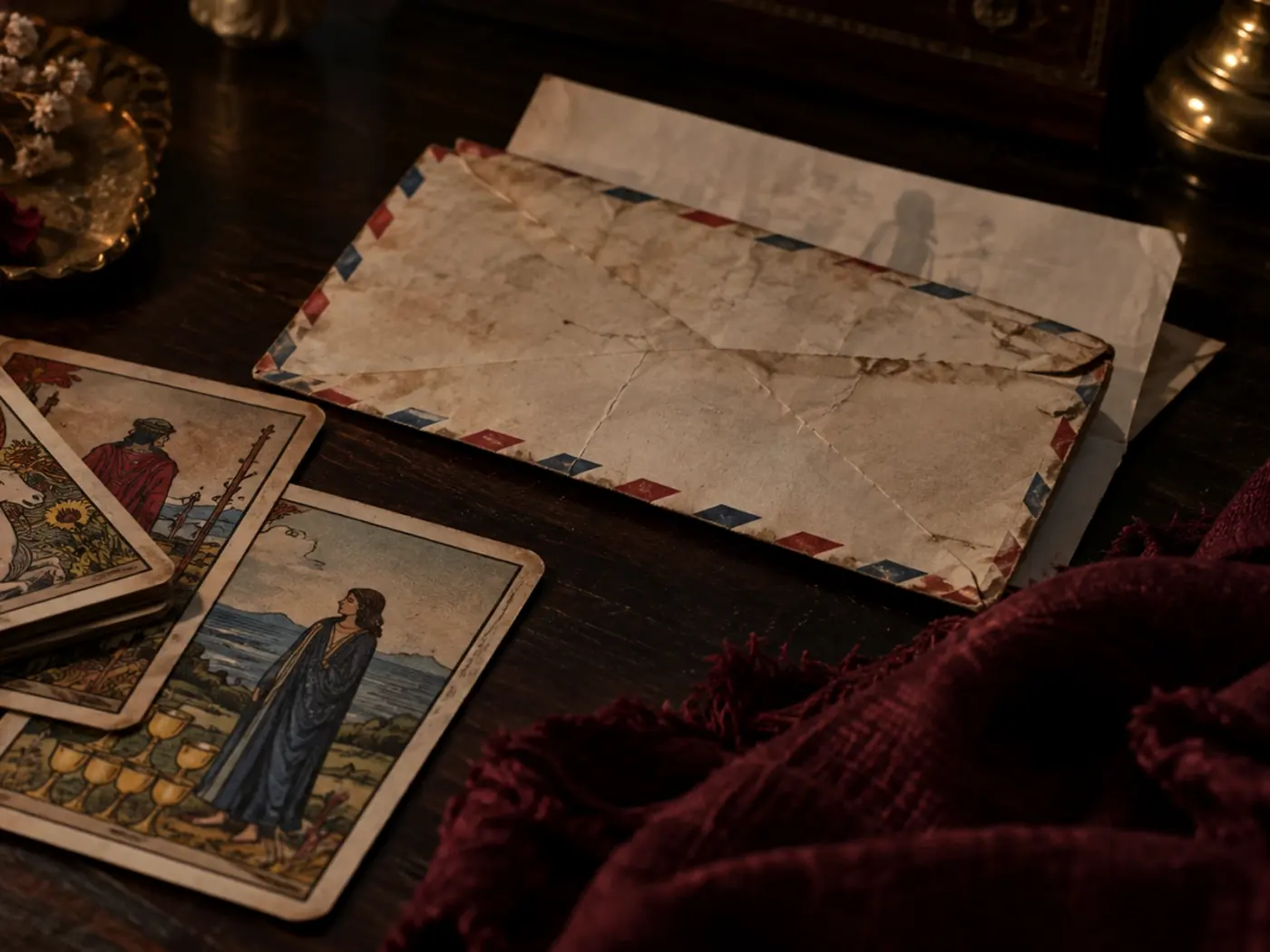 Sobre de correo aéreo y cartas de tarot sobre una mesa oscura