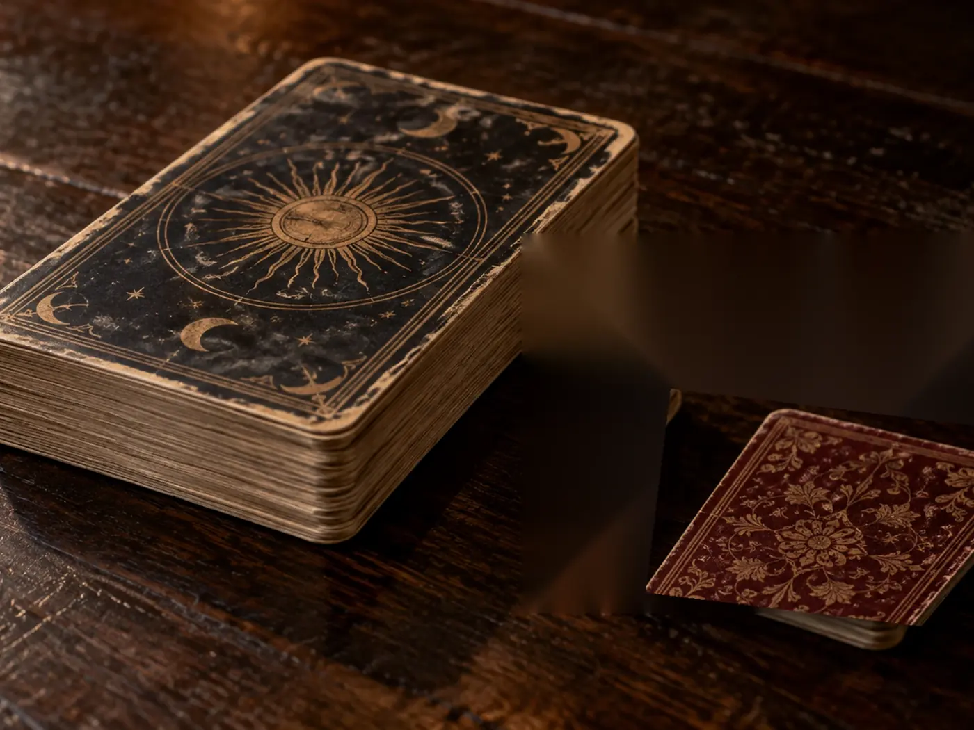 Una carta de tarot bocabajo junto a un mazo cerrado sobre madera oscura